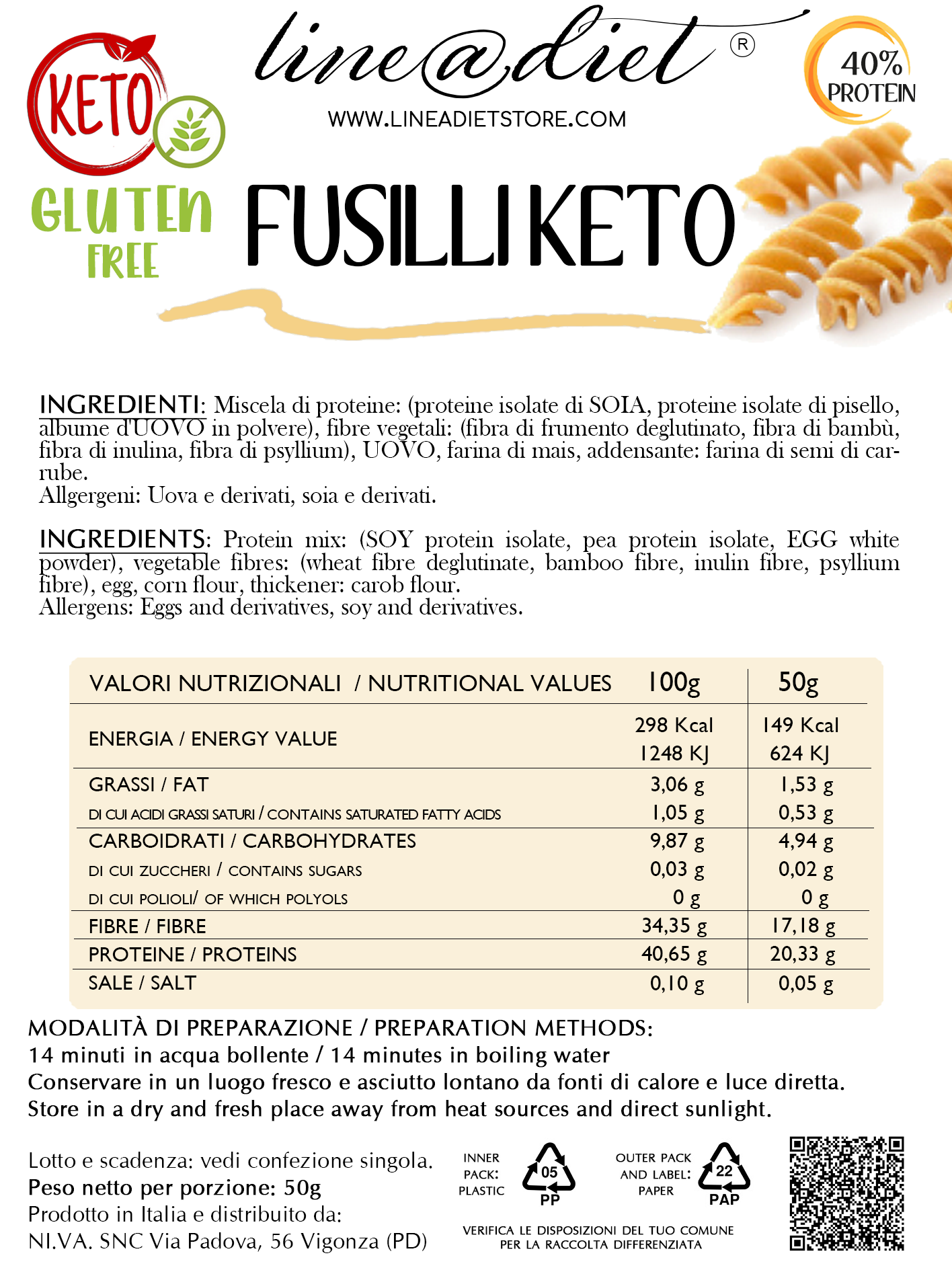 Fusilli Keto - senza glutine (7 porzioni)