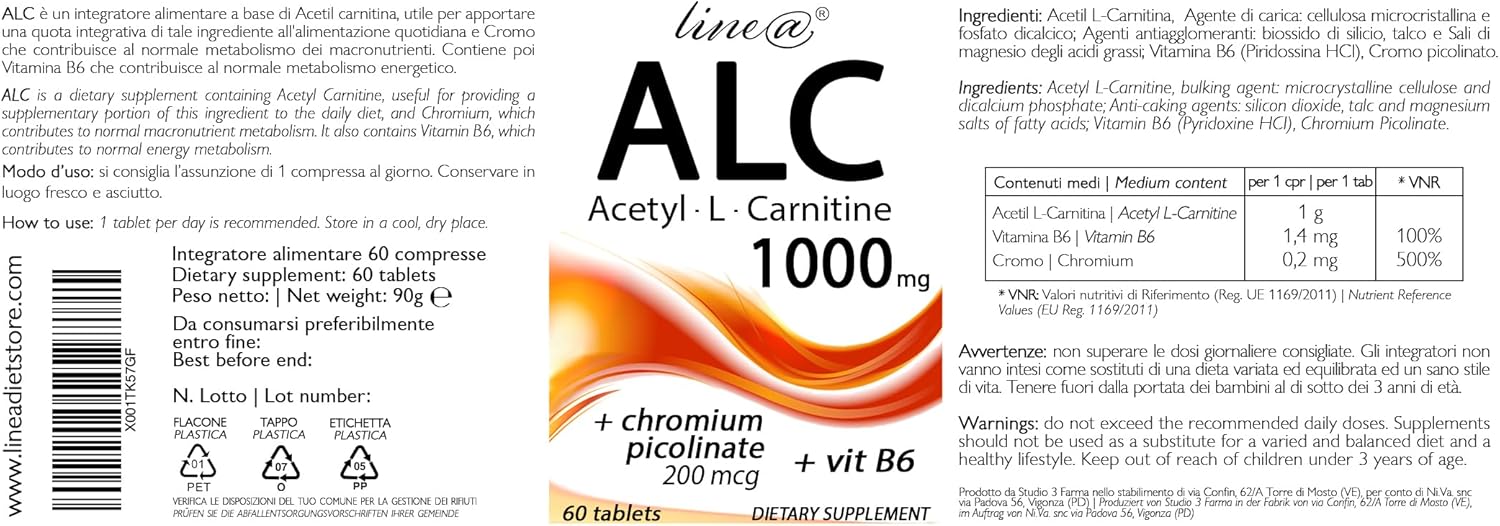 ALC Acetil L-Carnitina + Cromo Picolato 60 compresse - Lineadiet ALC Acetil L-Carnitina + Cromo Picolato 60 compresse - Lineadiet