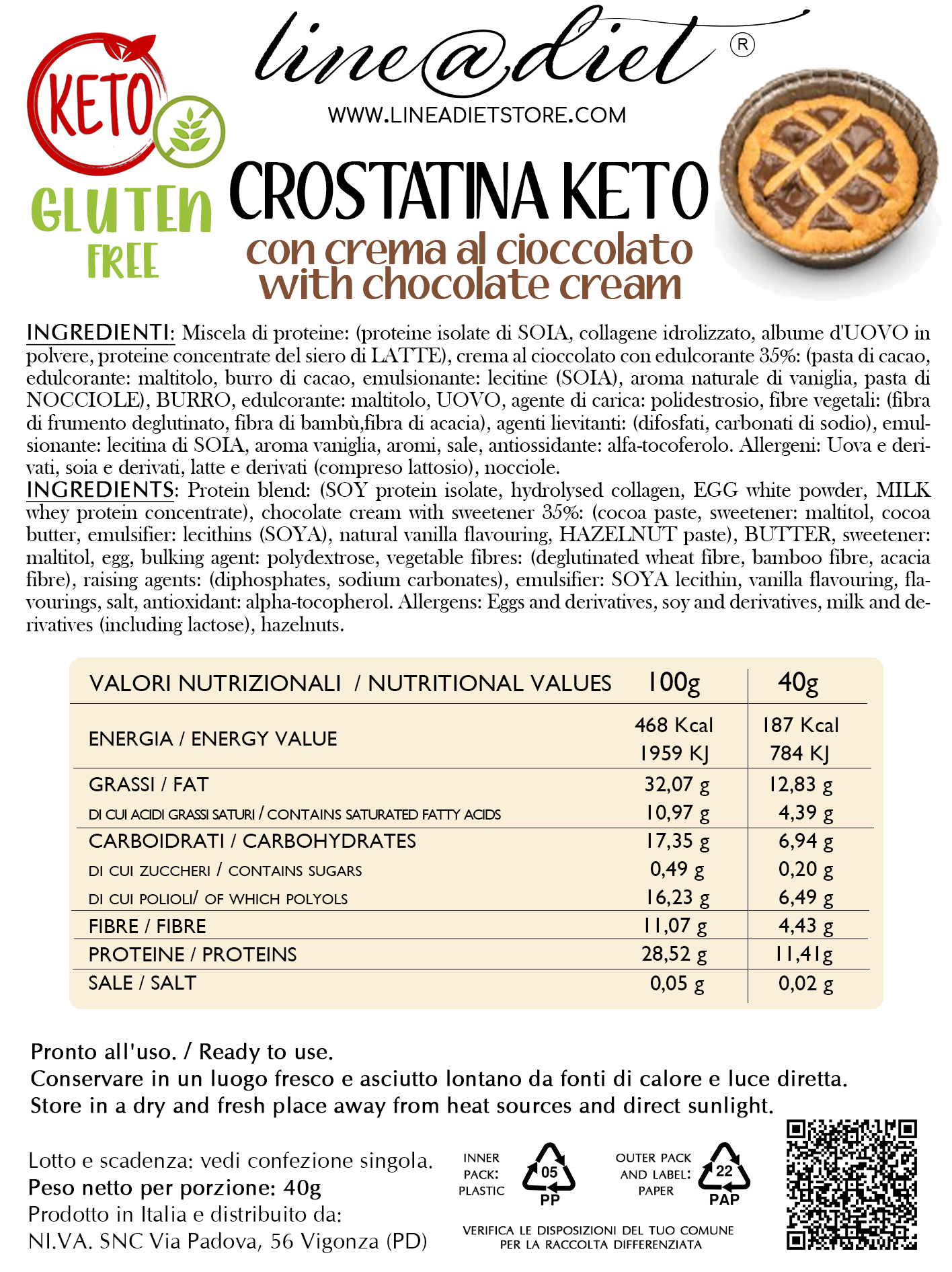 Crostatina Keto con crema al Cioccolato - senza glutine (3 crostatine)
