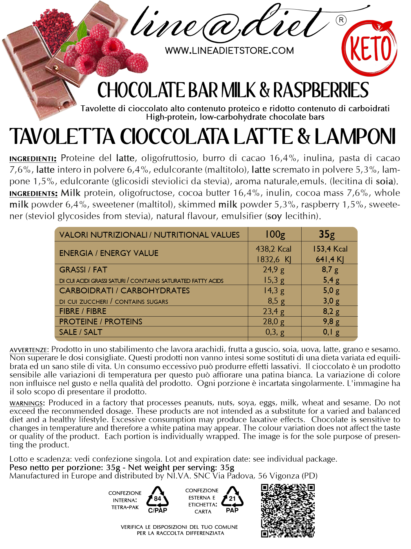 Tavoletta di Cioccolata al Latte e Lamponi (10 tavolette)