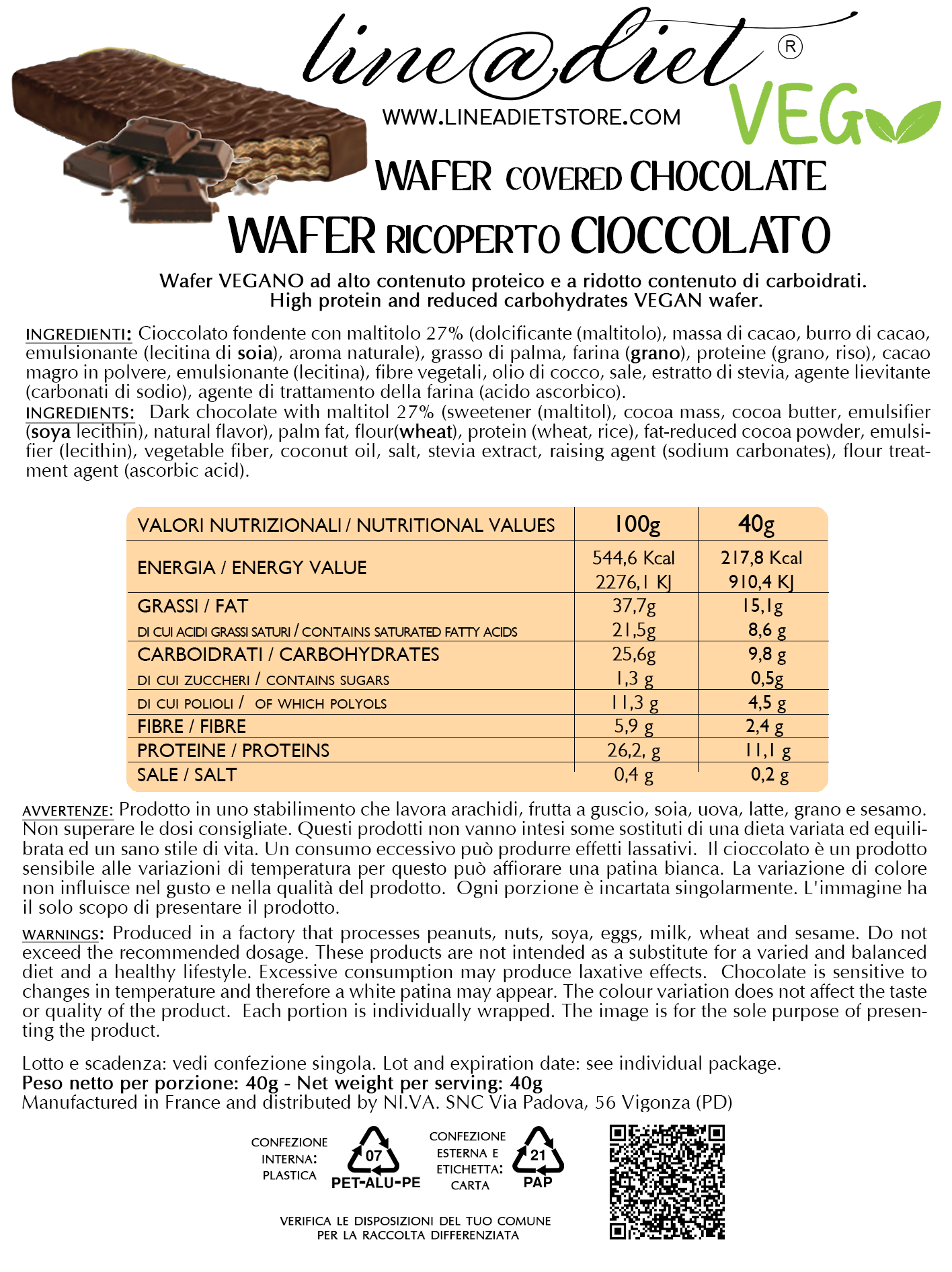 Wafer Proteico Vegano al Cacao ricoperto (5 wafer)