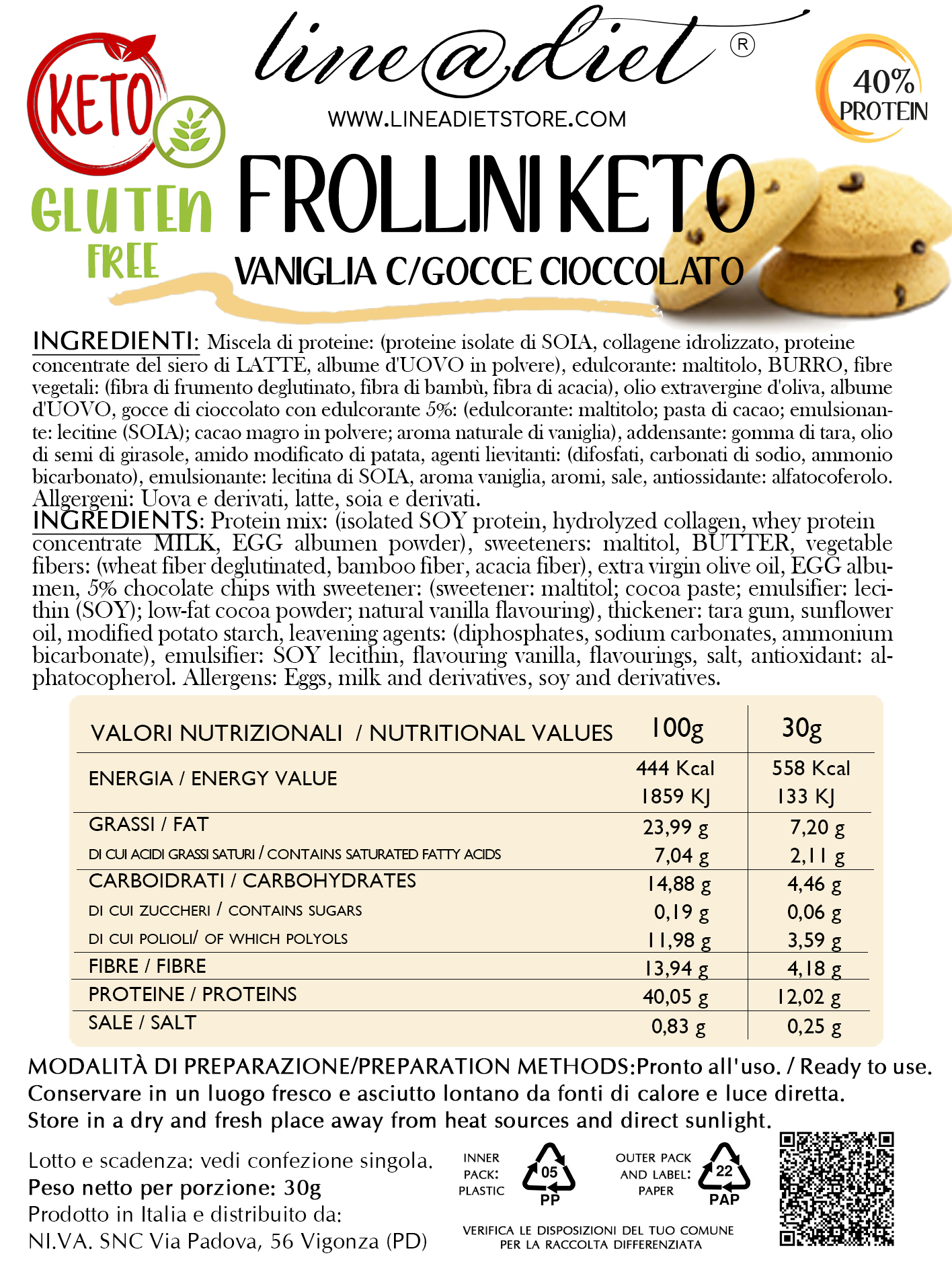Frollini Keto alla Vaniglia con gocce di Cioccolato - senza glutine (5 monoporzioni)